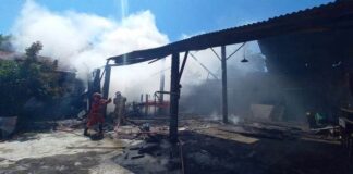 Petugas Damkar menjinakkan api yang membakar garasi rumah di Jalan Brigjen Katamso, Kelurahan Tukangkayu, Kecamatan Banyuwangi, Senin (15/4/2024). (Foto/udi)