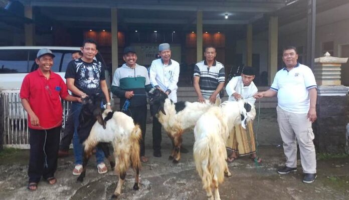 Perwakilan warga Desa Pakel, Kecamatan Licin, Banyuwangi menerima tiga kambing kurban dari Polresta Banyuwangi, Minggu (16/6/2024). (Foto/udi)