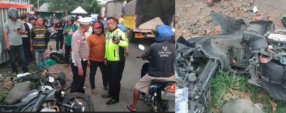WhatsApp Image 2024-06-21 at 15.58.55 Kondisi motor rusak parah setelah ditabrak truk gandeng di lintasan KA di Giri, Banyuwangi, Jumat (21/6/2024) sore. (Foto/udi)