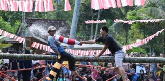 Warga Desa Olehsari, Kecamatan Glagah, Banyuwangi mengikuti lomba gebuk bantal serangkaian HUT Kemerdekaan RI ke-79, Minggu (11/8/2024). (Foto/udi)