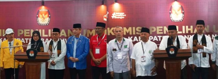 pilkada Paslon Ipuk – Mujiono dan Ali Makki-Ali Ruchi memberikan keterangan kepada wartawan usai mendaftar ke KPU Banyuwangi, Rabu (28/8/2024). (Foto/udi)