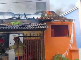 Petugas Damkarmat Banyuwangi memadamkan api yang melalap rumah warga di Jalan Mojopahit, Kelurahan Tamanbaru, Jumat (19/9/2025). (Foto/Damkarmat Banyuwangi