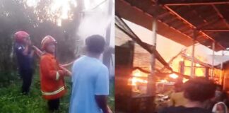 Petugas Damkarmat Banyuwangi dibantu warga memadamkan kebakaran kendang ayam di Desa Sempu, Kecamatan Sempu, Kamis (25/9/2025). (Foto/Humas Damkarmat Banyuwangi)